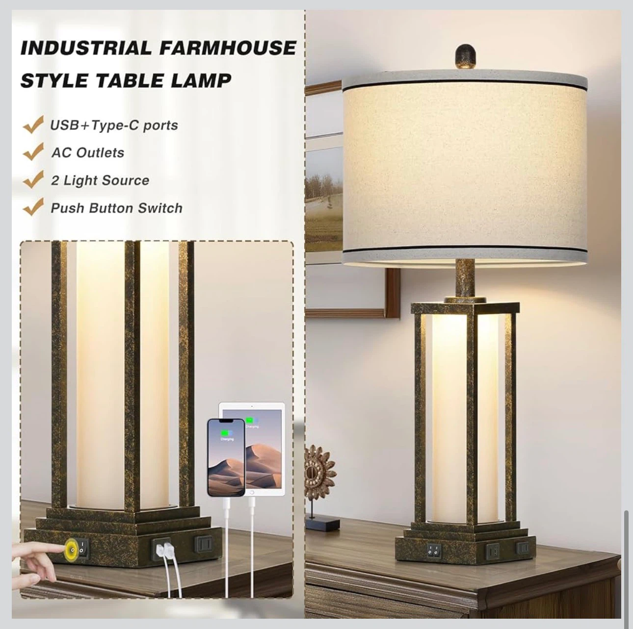 Industrial Farmhouse Style Table Lamps with USB Ports - photo 2