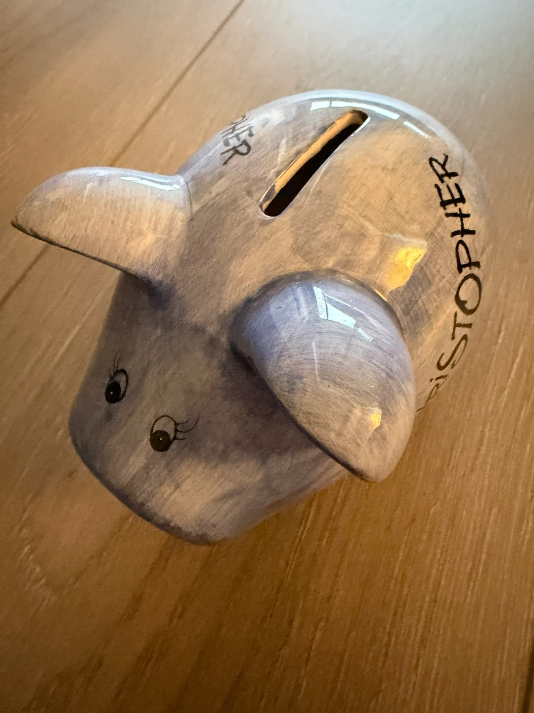 Blue Piggy Bank with 'CHRISTOPHER' written on it