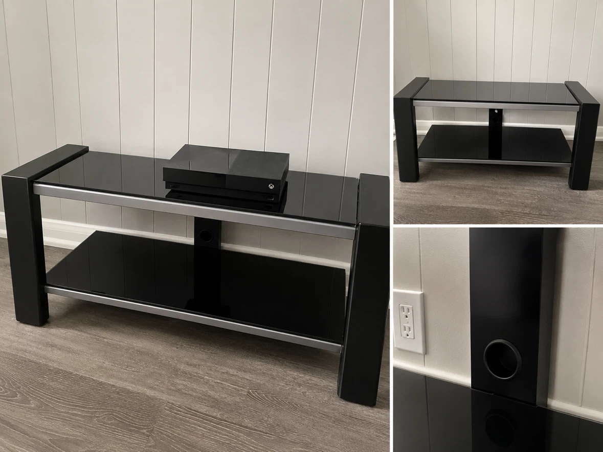 Black Glass Entertainment TV Stand with Shelves