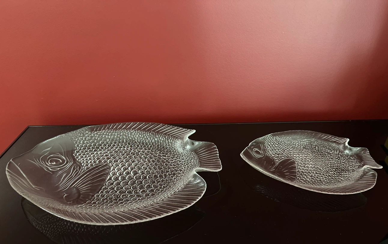 1970s Arcoroc France Poisson Fish Plate Clear- Serving Set Of 2
