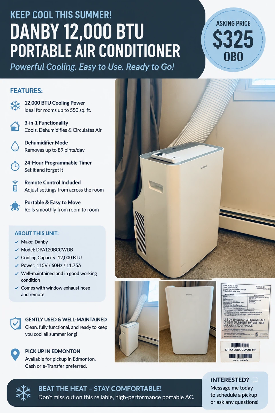 Danby 12,000 BTU Portable A/C – Excellent Condition
