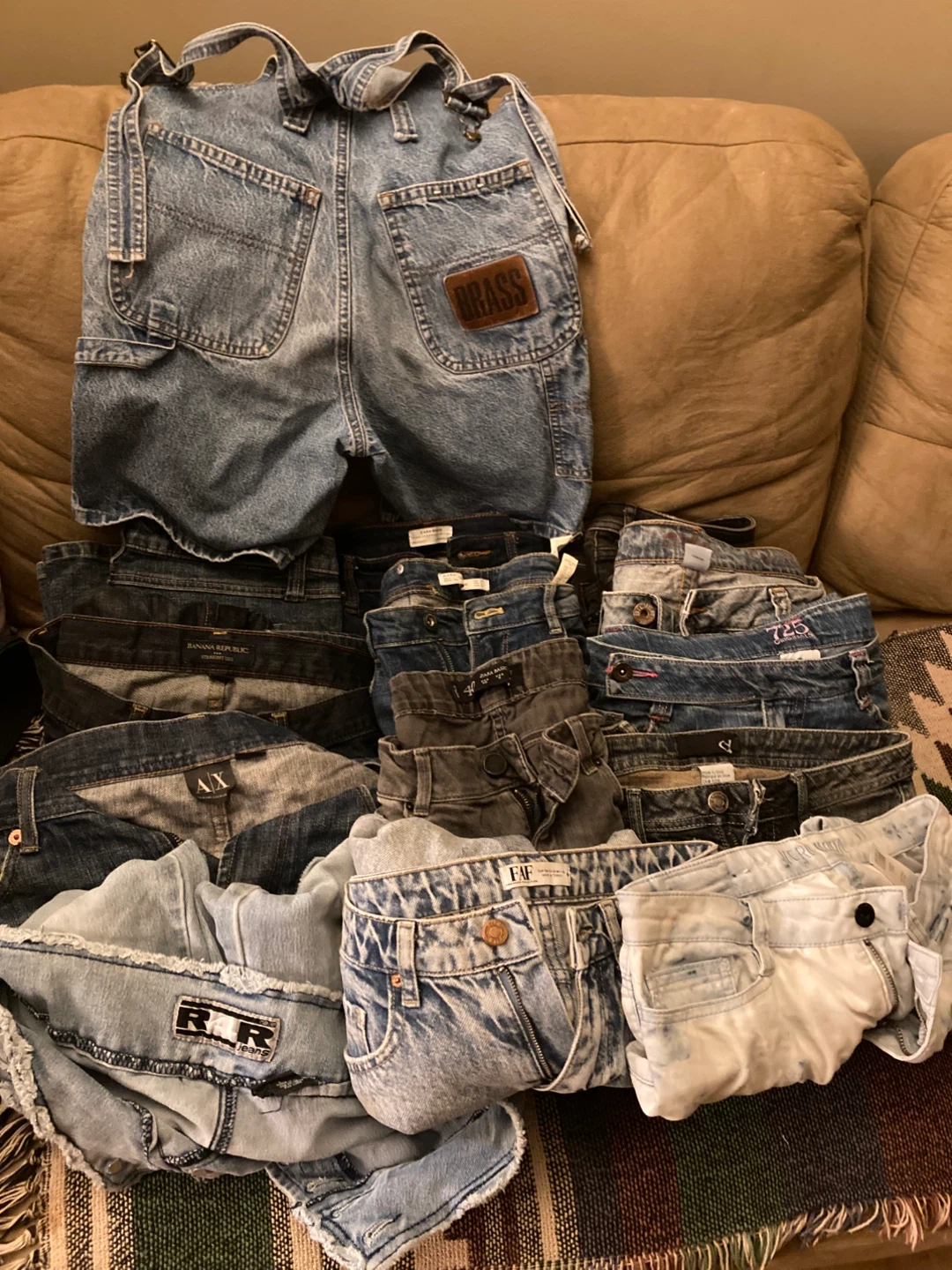 Bundle of 13 assorted jeans and denim overalls