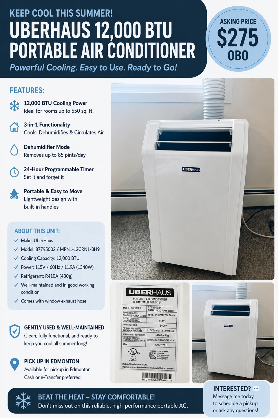 UberHaus 12,000 BTU Portable A/C – Excellent Working Condition