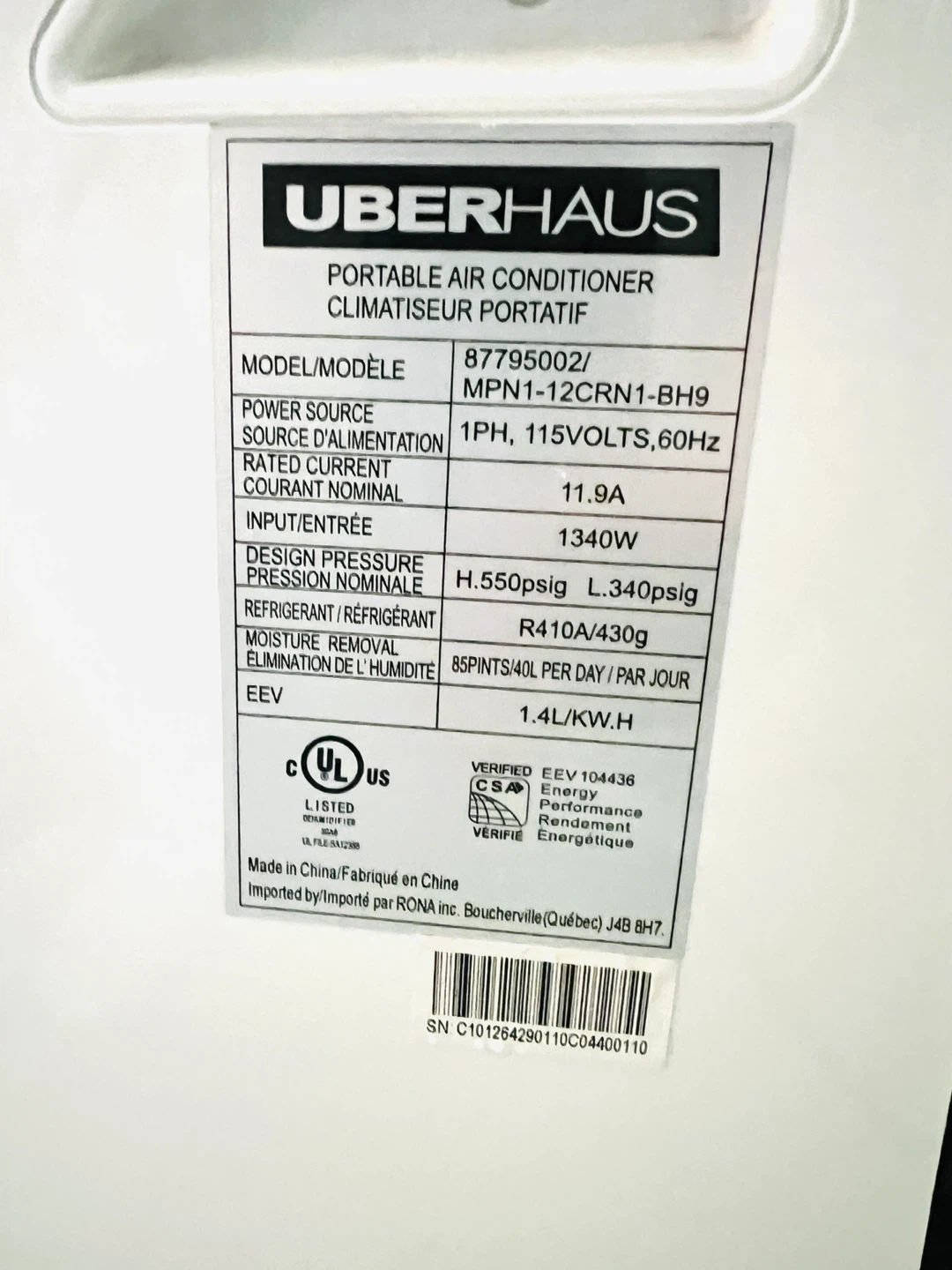 UberHaus 12,000 BTU Portable A/C – Excellent Working Condition - photo 2