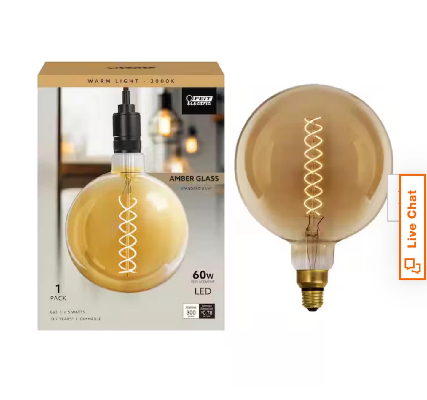 2  Amber Glass LED Bulb, Warm White