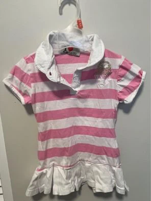 Pink and White Striped Polo Shirt with Ruffle Hem