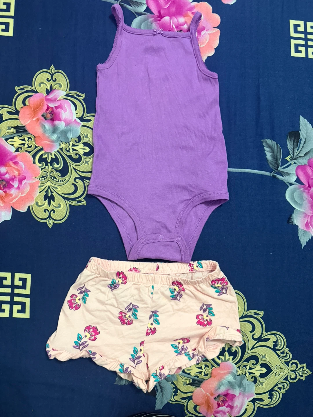 Purple Bodysuit and Floral Shorts Set