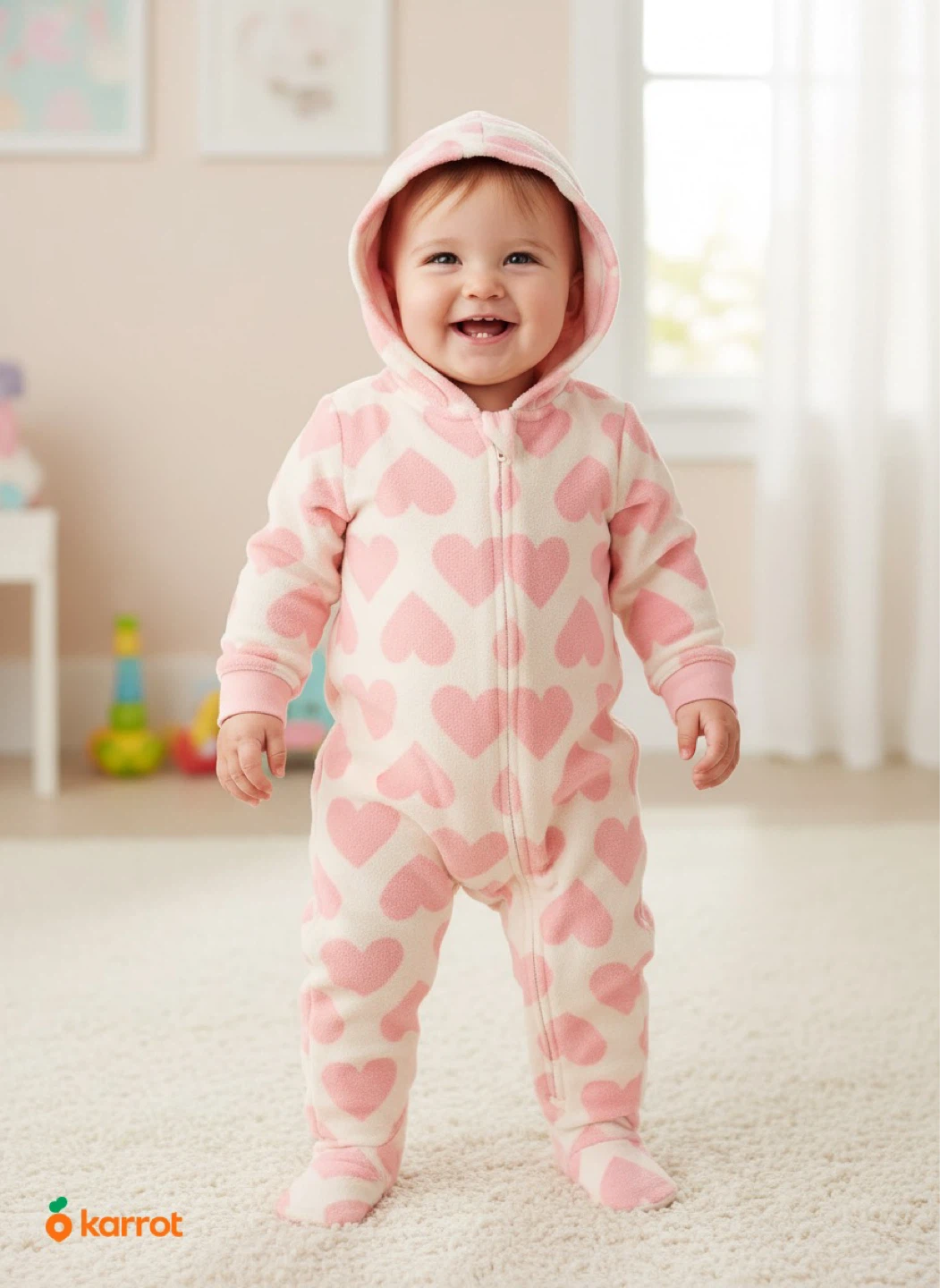Baby Girls Pink Heart Fleece Sleep N Play Hooded Jumpsuit