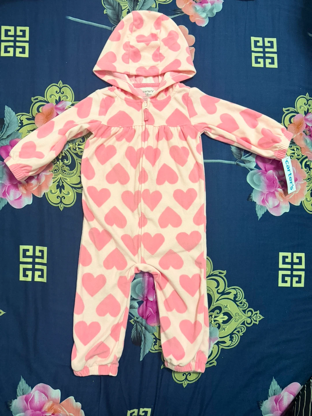 Baby Girls Pink Heart Fleece Sleep N Play Hooded Jumpsuit - photo 2