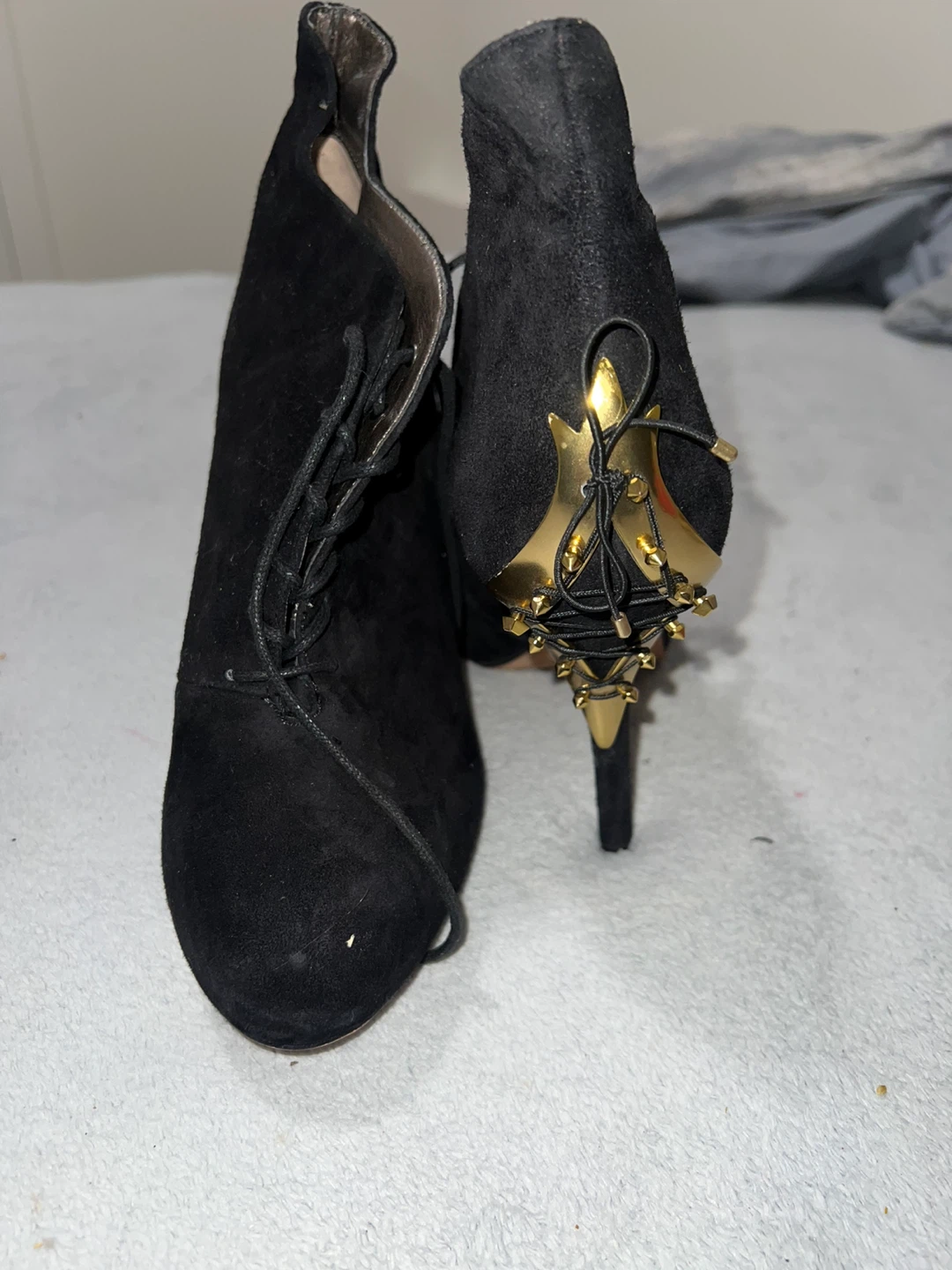Sam Edelman Black Suede Ankle Boots with Gold Embellishments