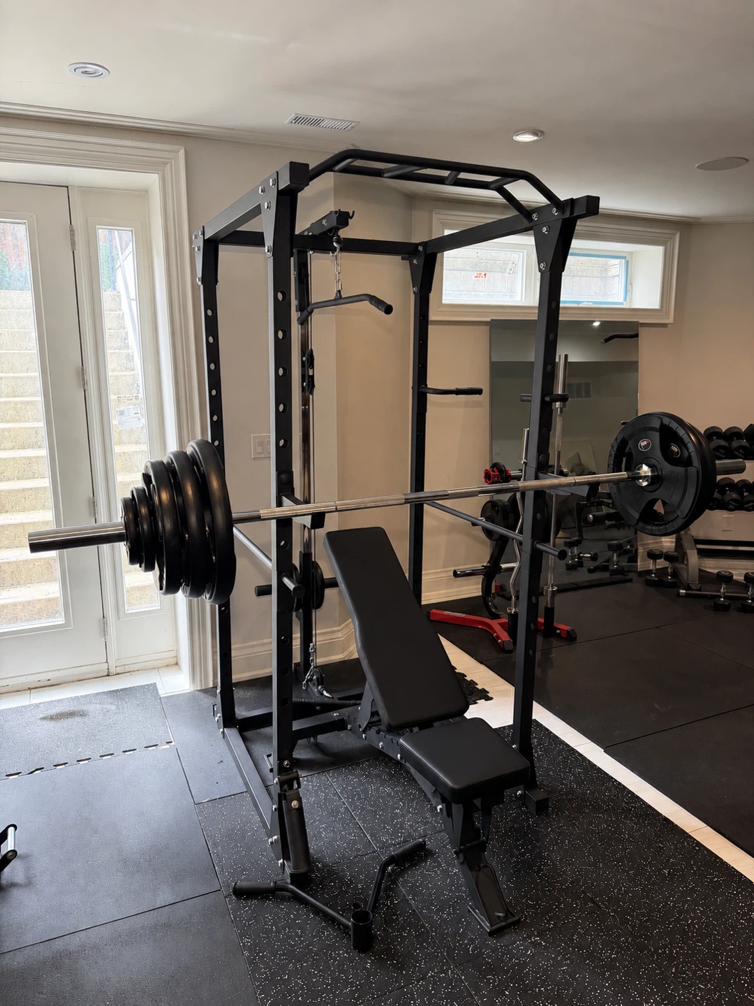 Olympic and Lat Pulldown Squat Rack with Adjustable Bench