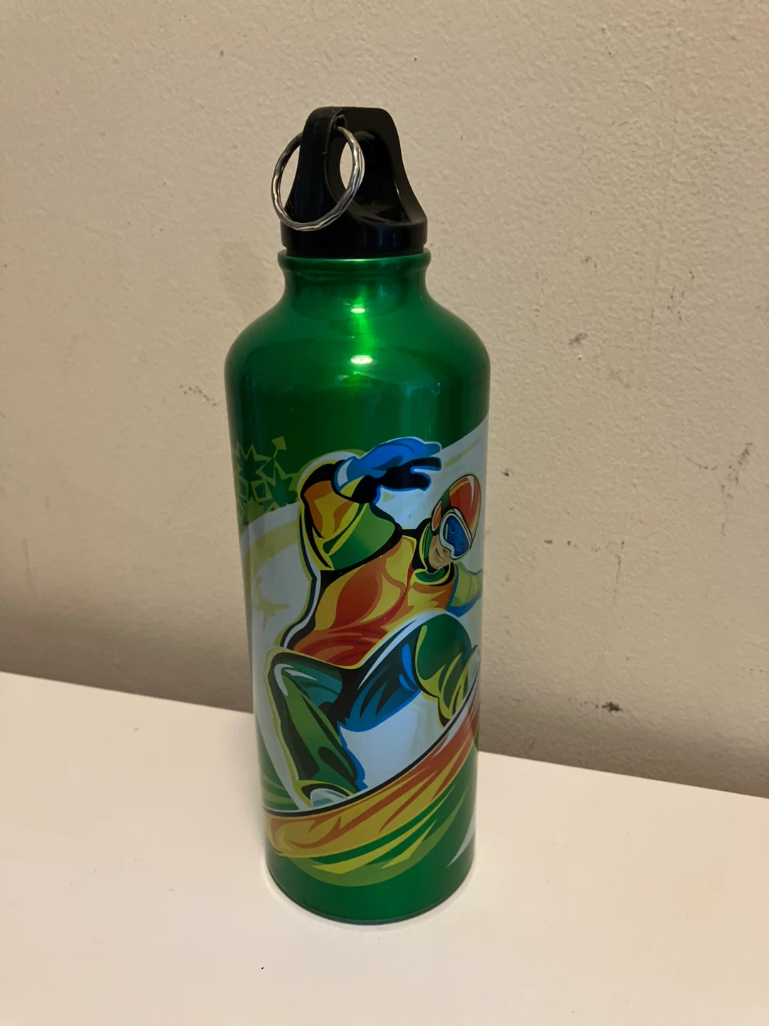 Green Metal Water Bottle with Snowboarder Graphic