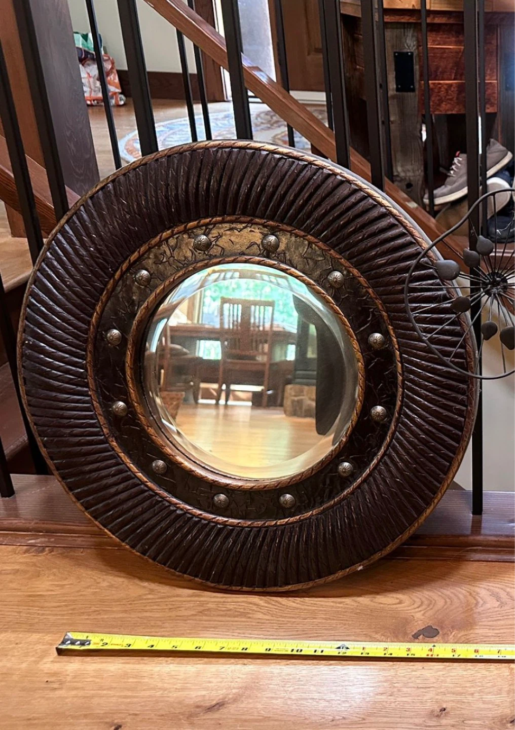 Round Decorative Mirror with Faux Leather and Metal Accents