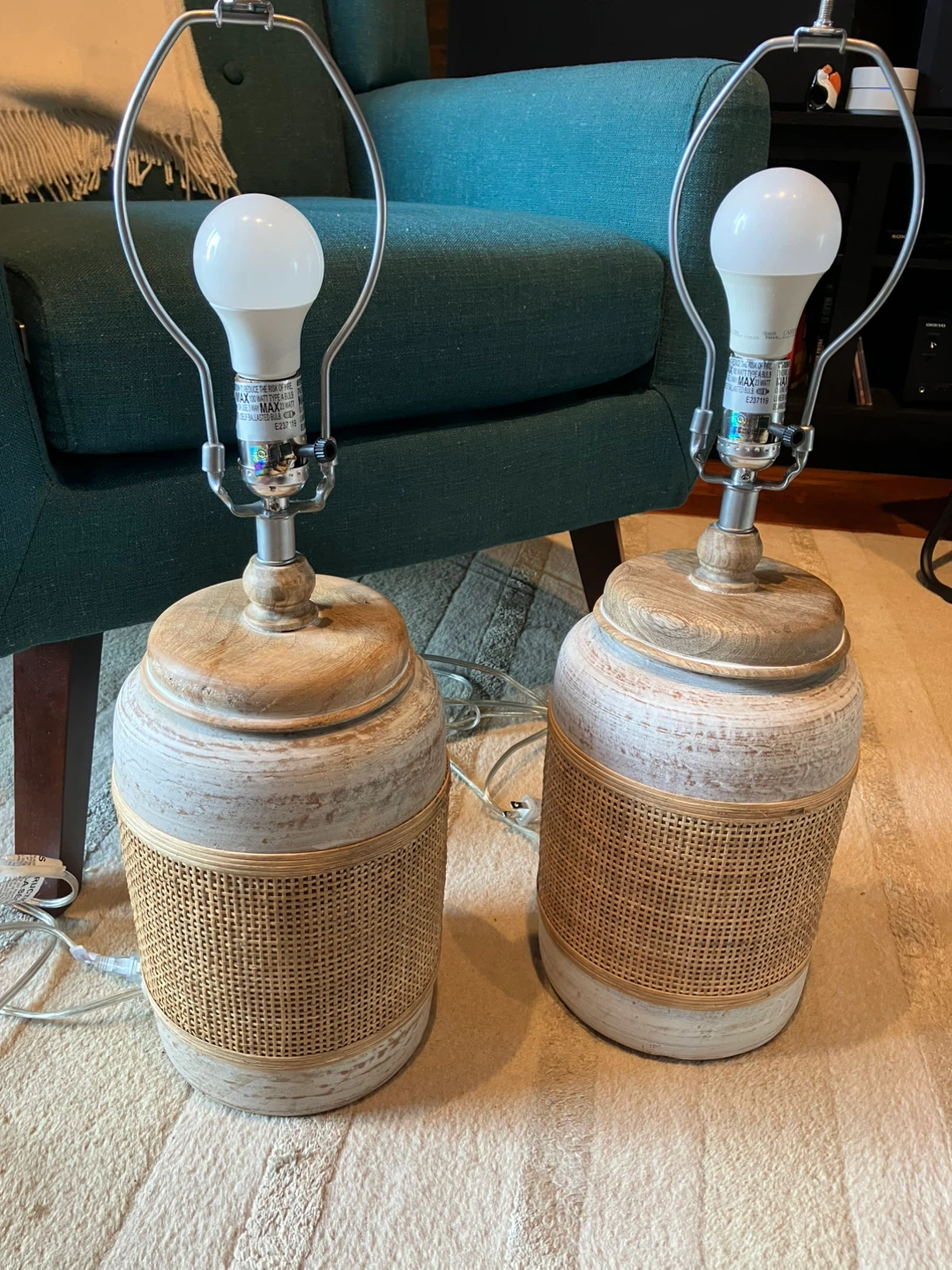 Farmhouse/ Beachy Table Lamps (Set of 2) - Pottery and Rattan