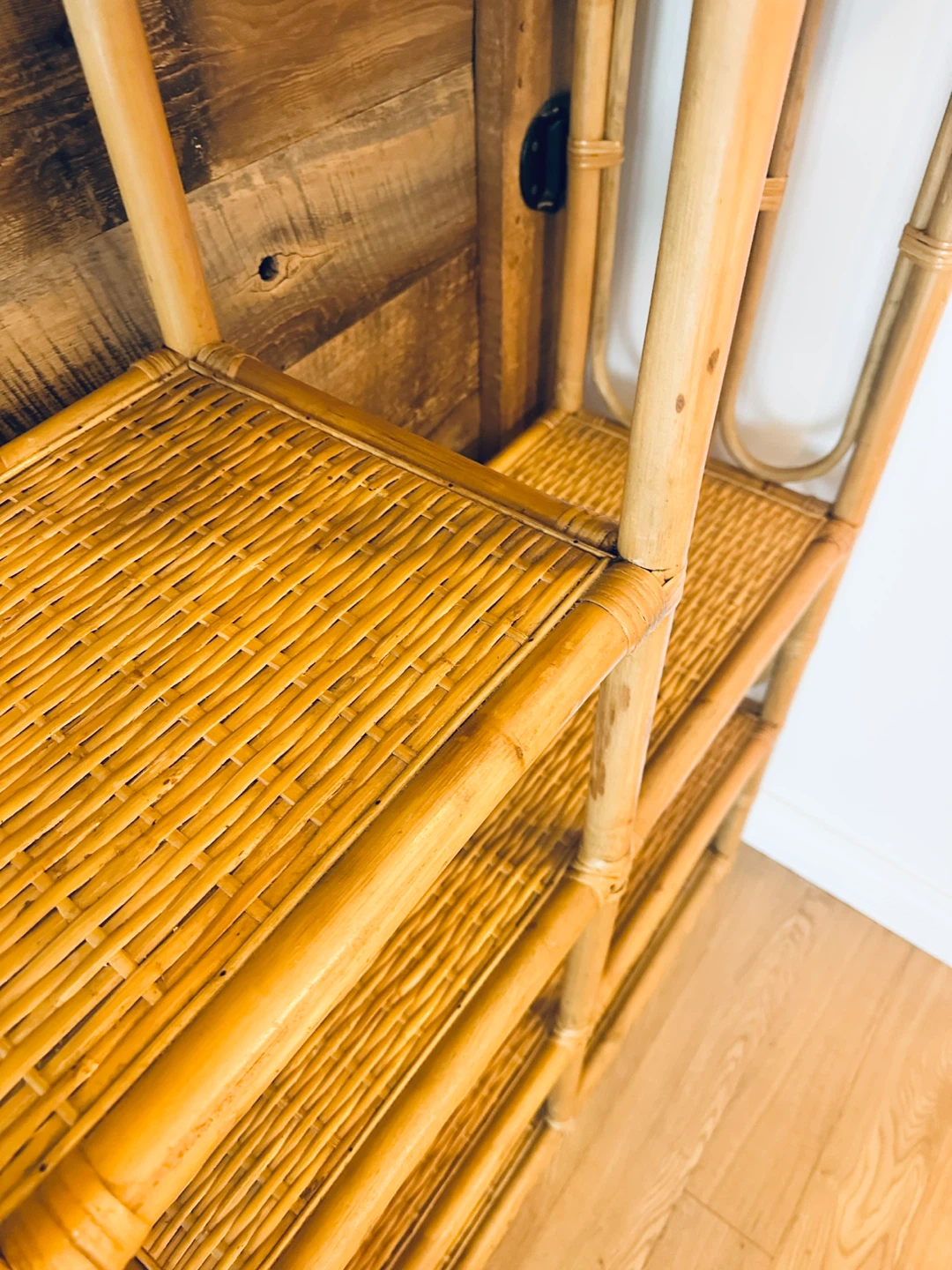 AUTHENTIC BOHO CHIC VINTAGE BAMBOO RATTAN ETAGERE DISPLAY SHELF - photo 3