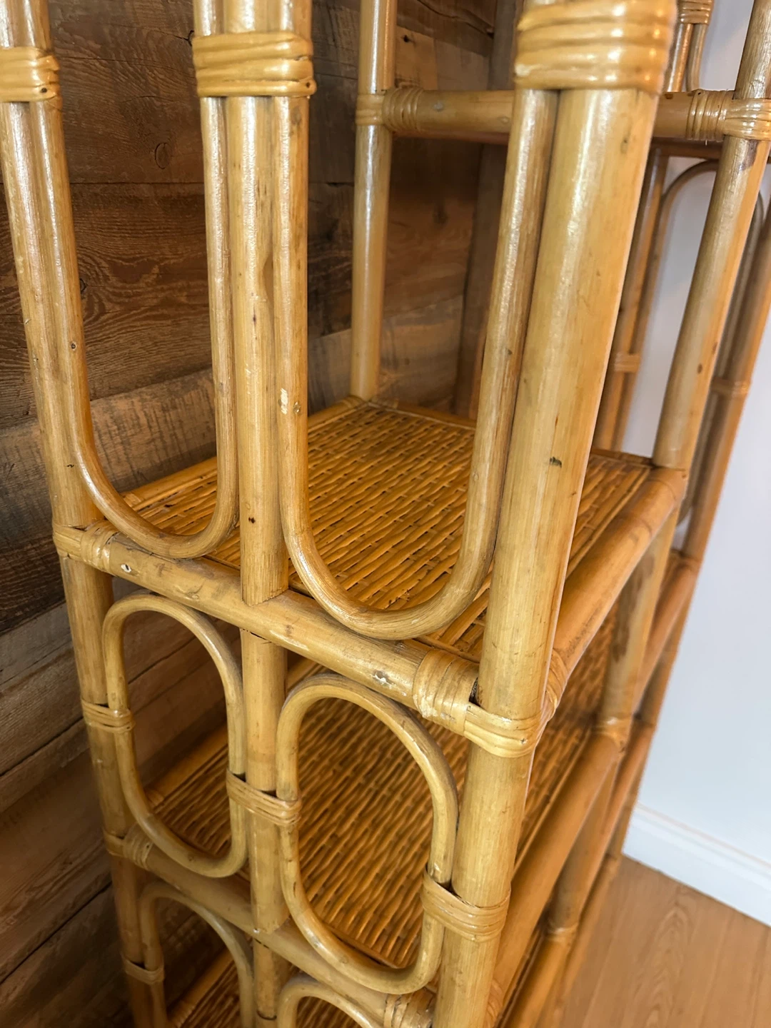 AUTHENTIC BOHO CHIC VINTAGE BAMBOO RATTAN ETAGERE DISPLAY SHELF - photo 4
