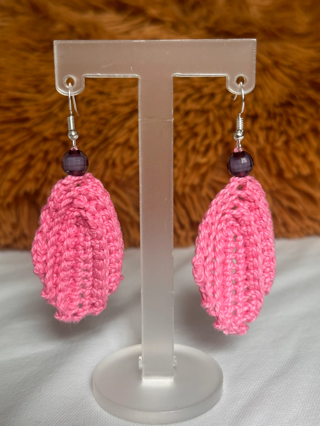 Handmade Pink Crocheted Earrings with Purple Beads
