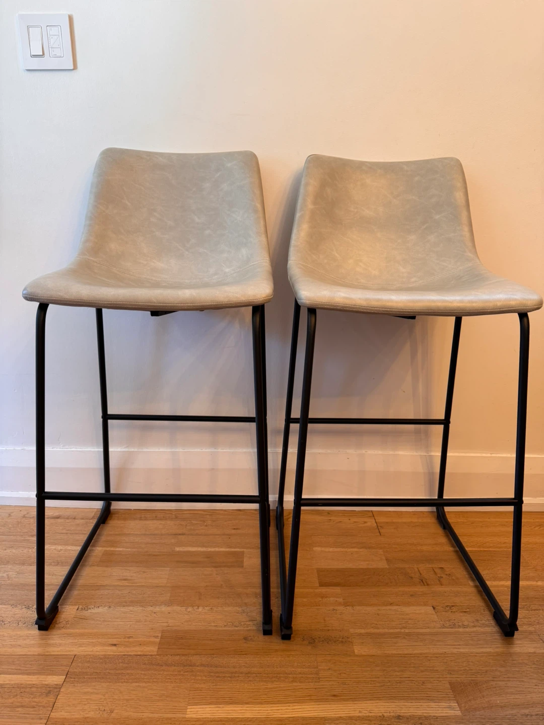 Set of 2 Bar Stools - Faux Leather with Black Metal Legs - photo 2