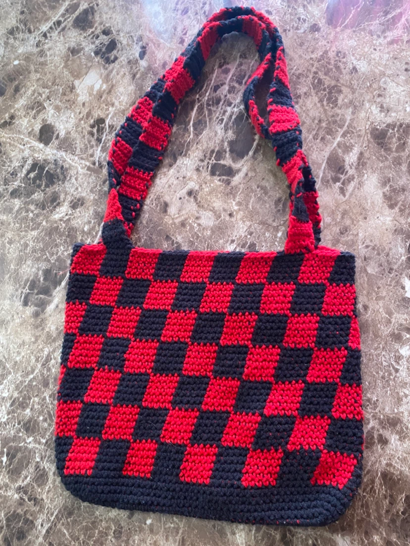 Red and Black Checkered Crochet Shoulder Bag