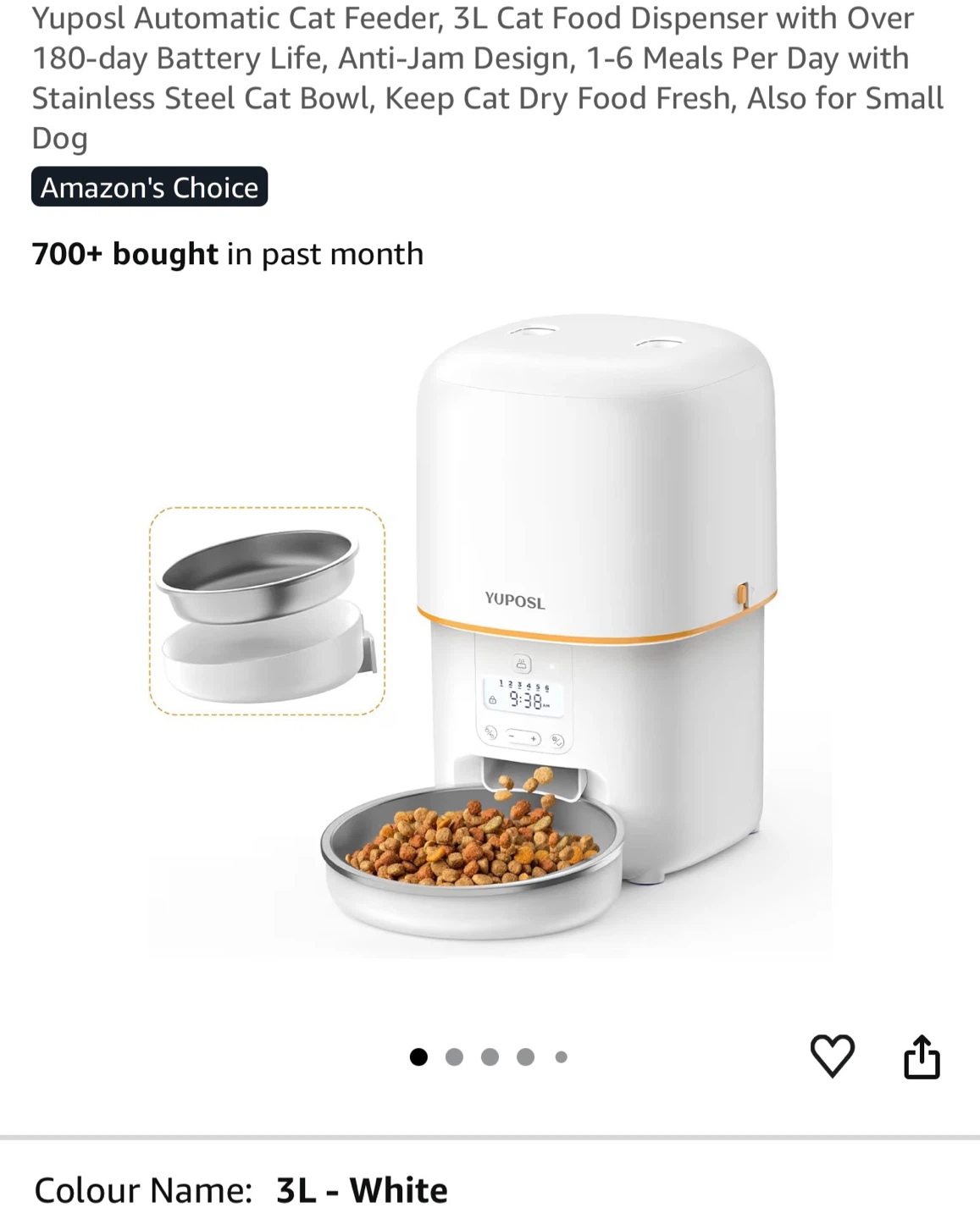 YUPOSL Automatic Cat Feeder 3L White C3L