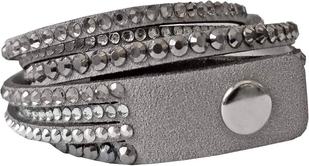 Grey Leather Wrap Bracelet with Crystals, Swarovski - photo 4