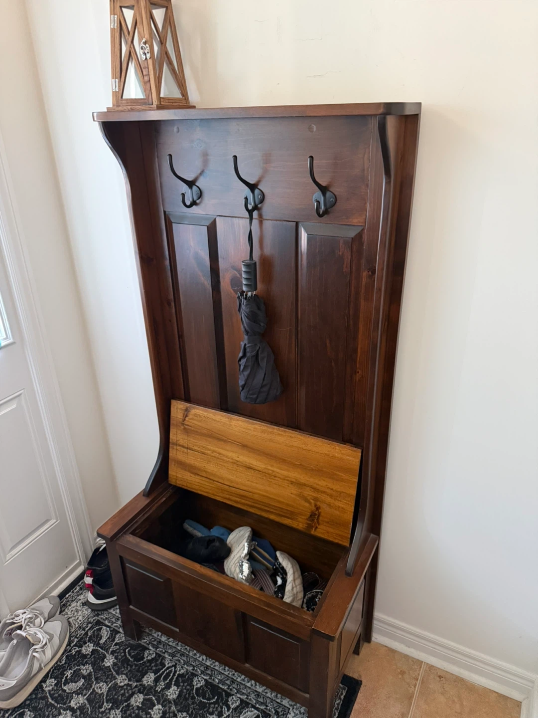 Wooden Hall Tree with Storage Bench and Coat Hooks - photo 4