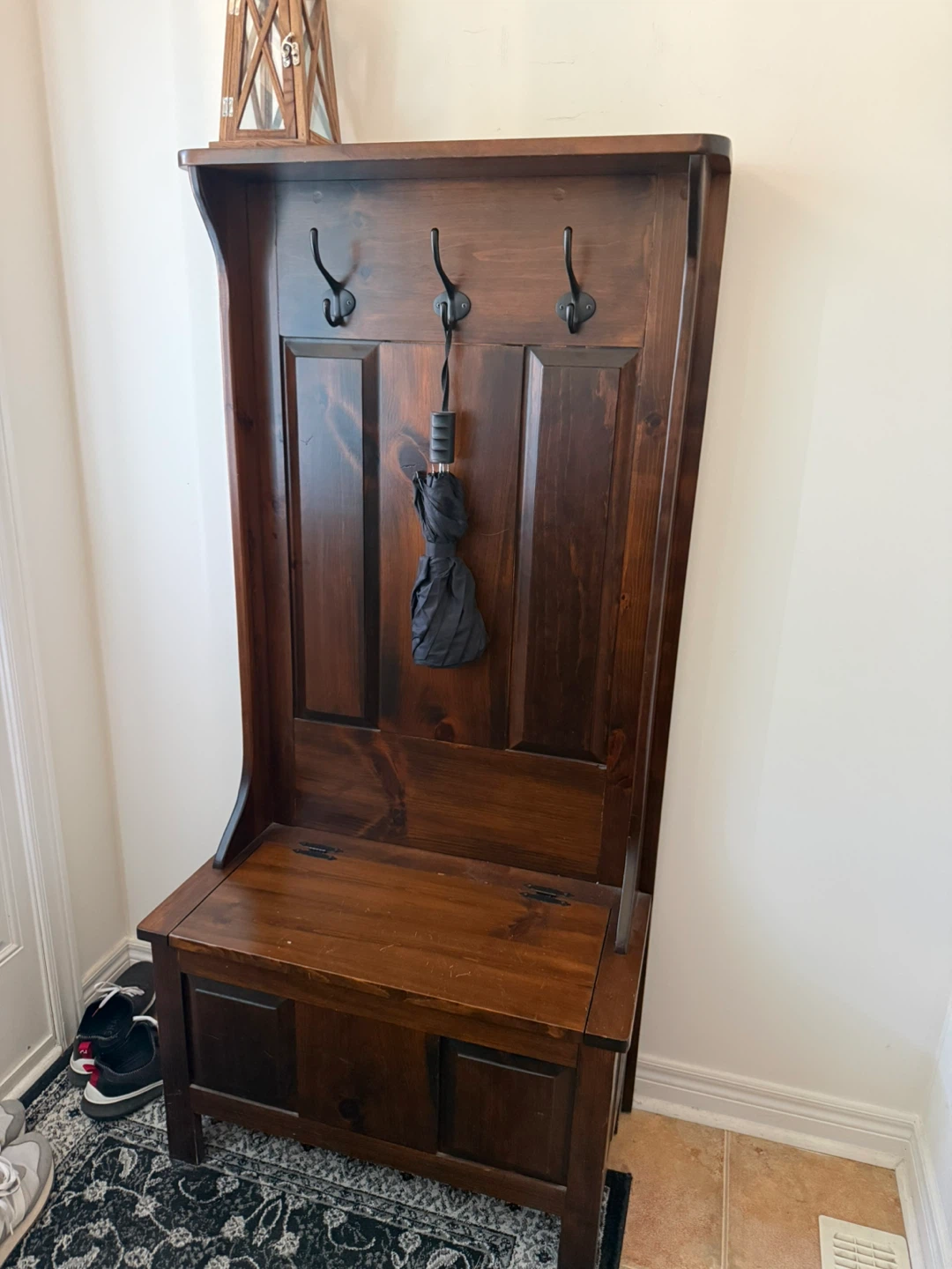 Wooden Hall Tree with Storage Bench and Coat Hooks - photo 5