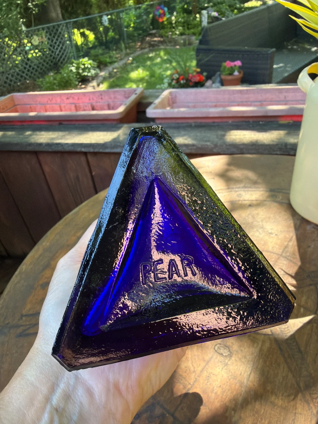 Vintage Cobalt Blue Triangular Shaped Glass Bottle - photo 5