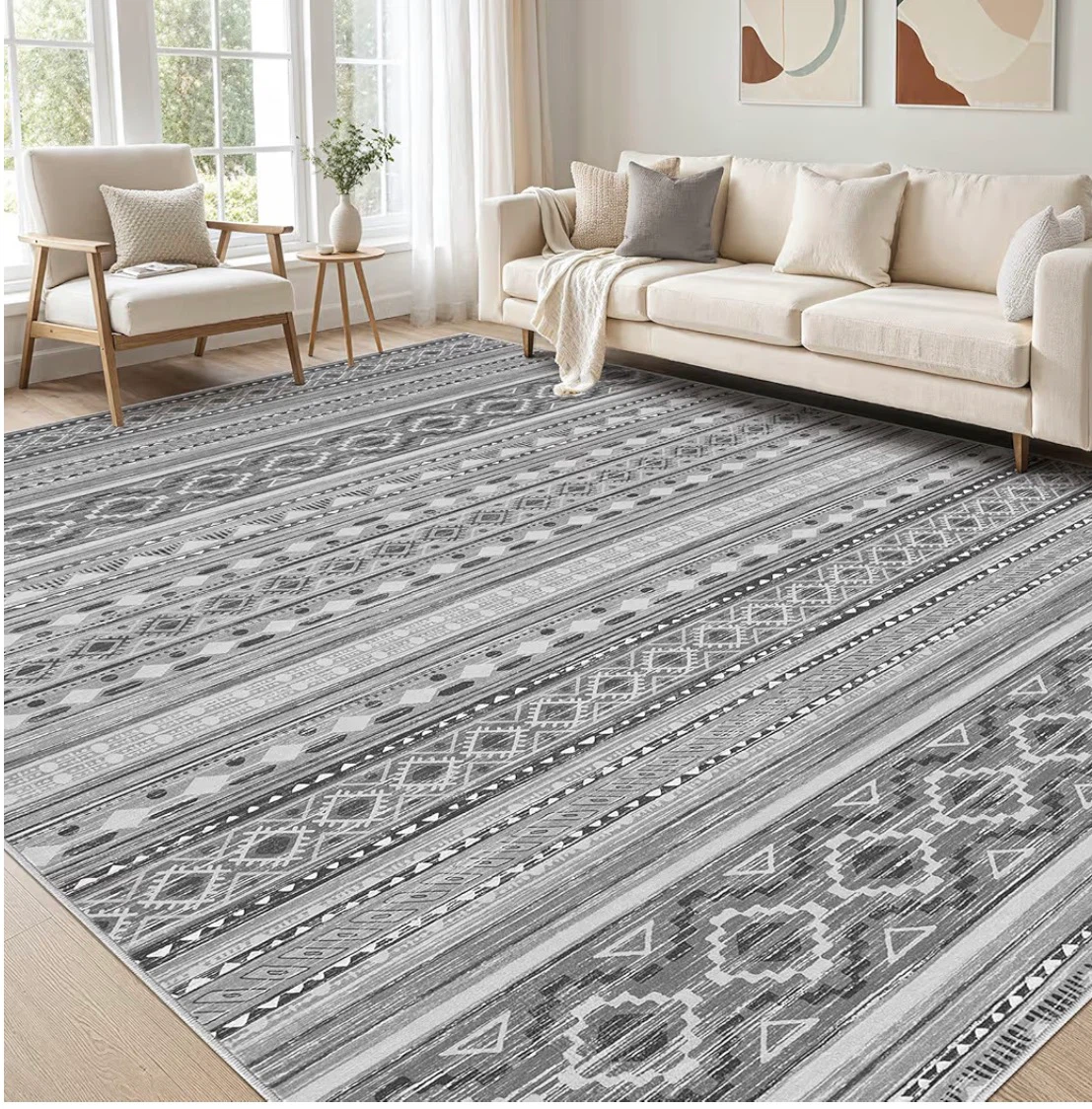 Boho Tribal Pattern Area Rug 7x5 ft- Grey & White