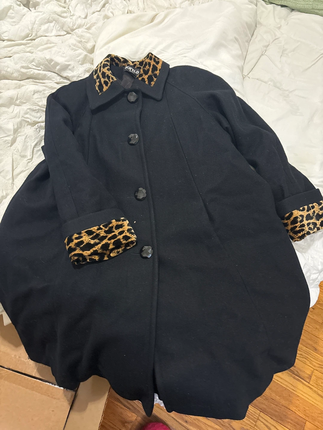 JOFIELD Black Wool Coat with Leopard Print Accents
