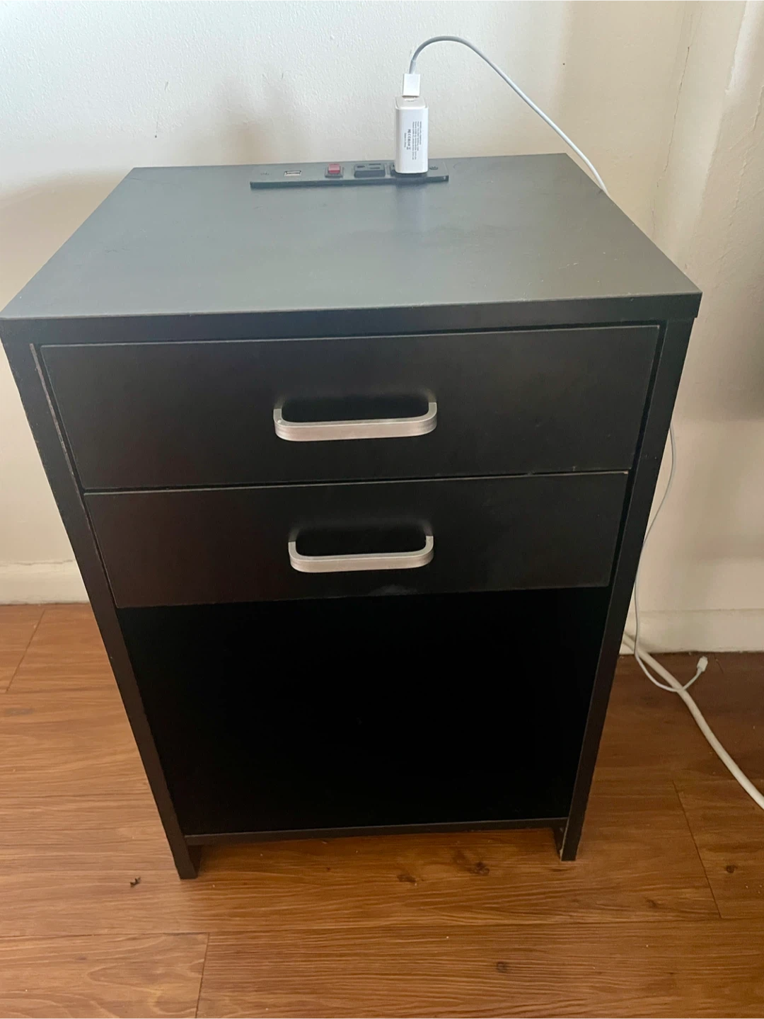 Black Nightstand with Built-in Power Strip