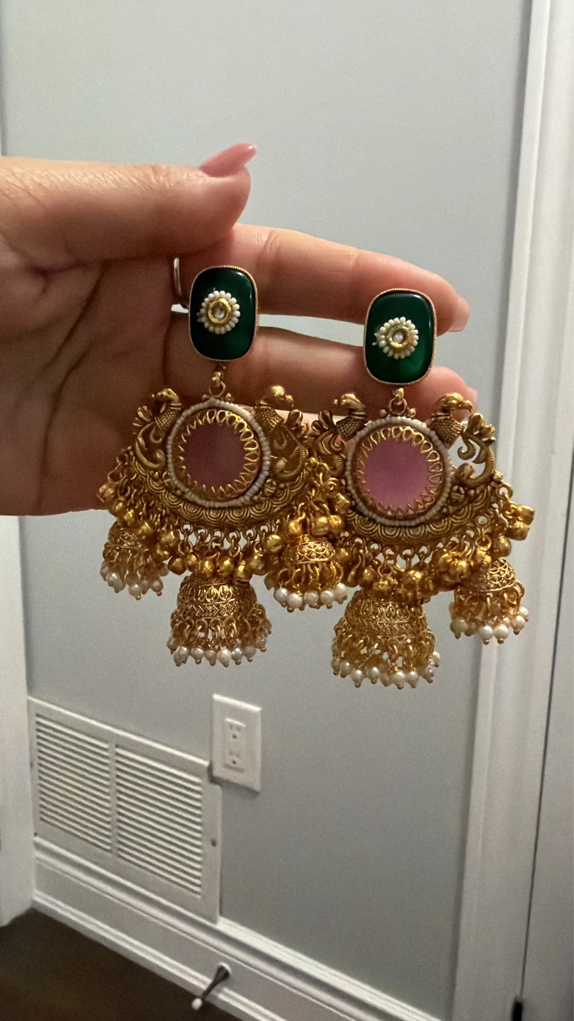Gold Tone Dangle Earrings with Pink and Green Stones
