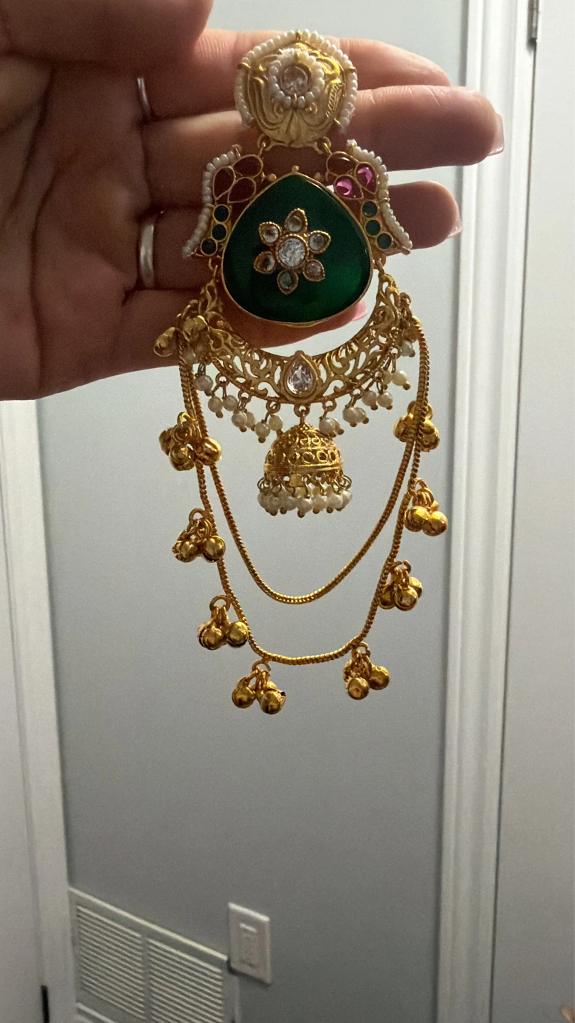 Gold Tone Dangle Earrings with Pink and Green Stones - photo 3