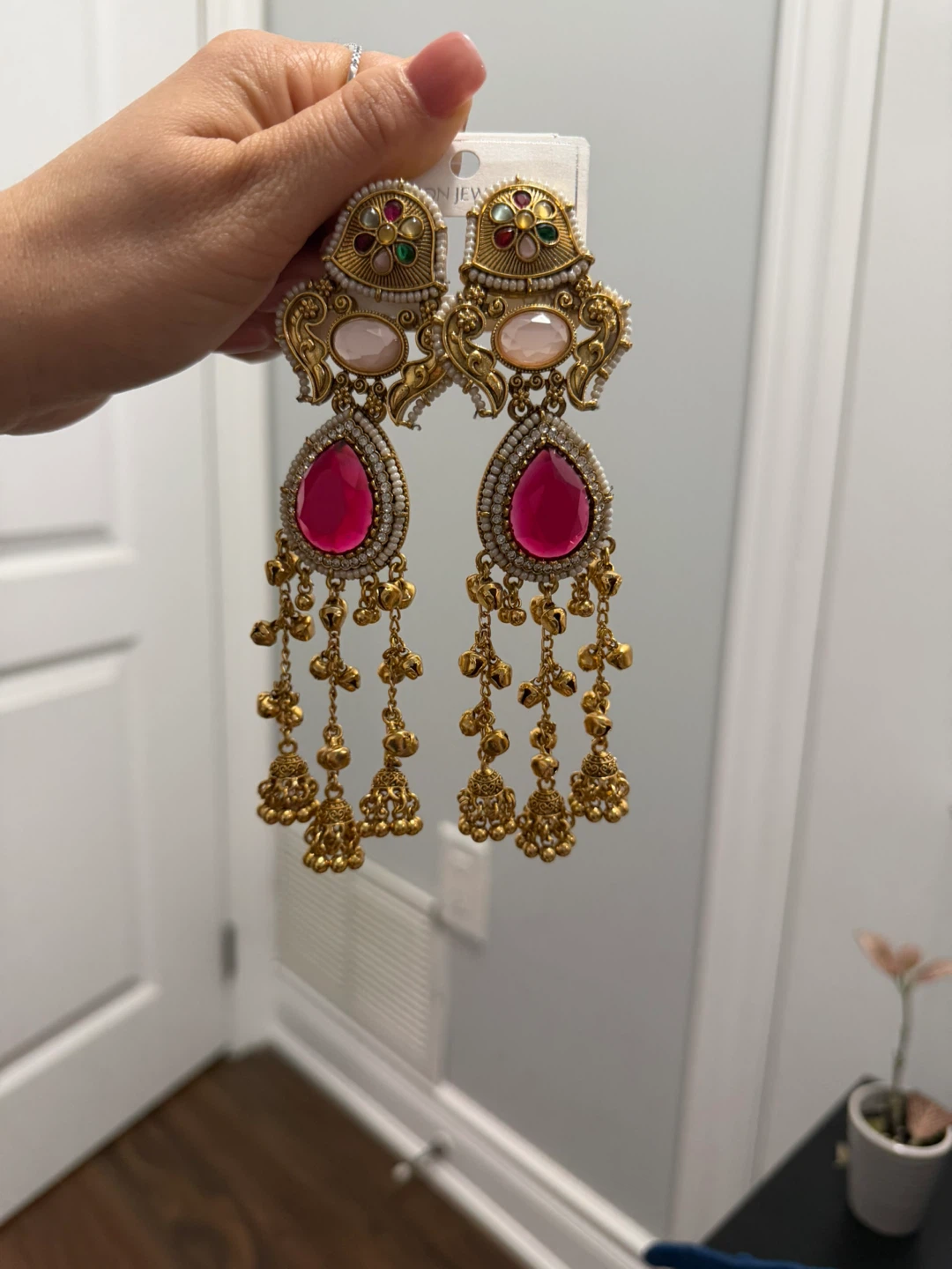 Gold Tone Dangle Earrings with Pink and Green Stones - photo 4