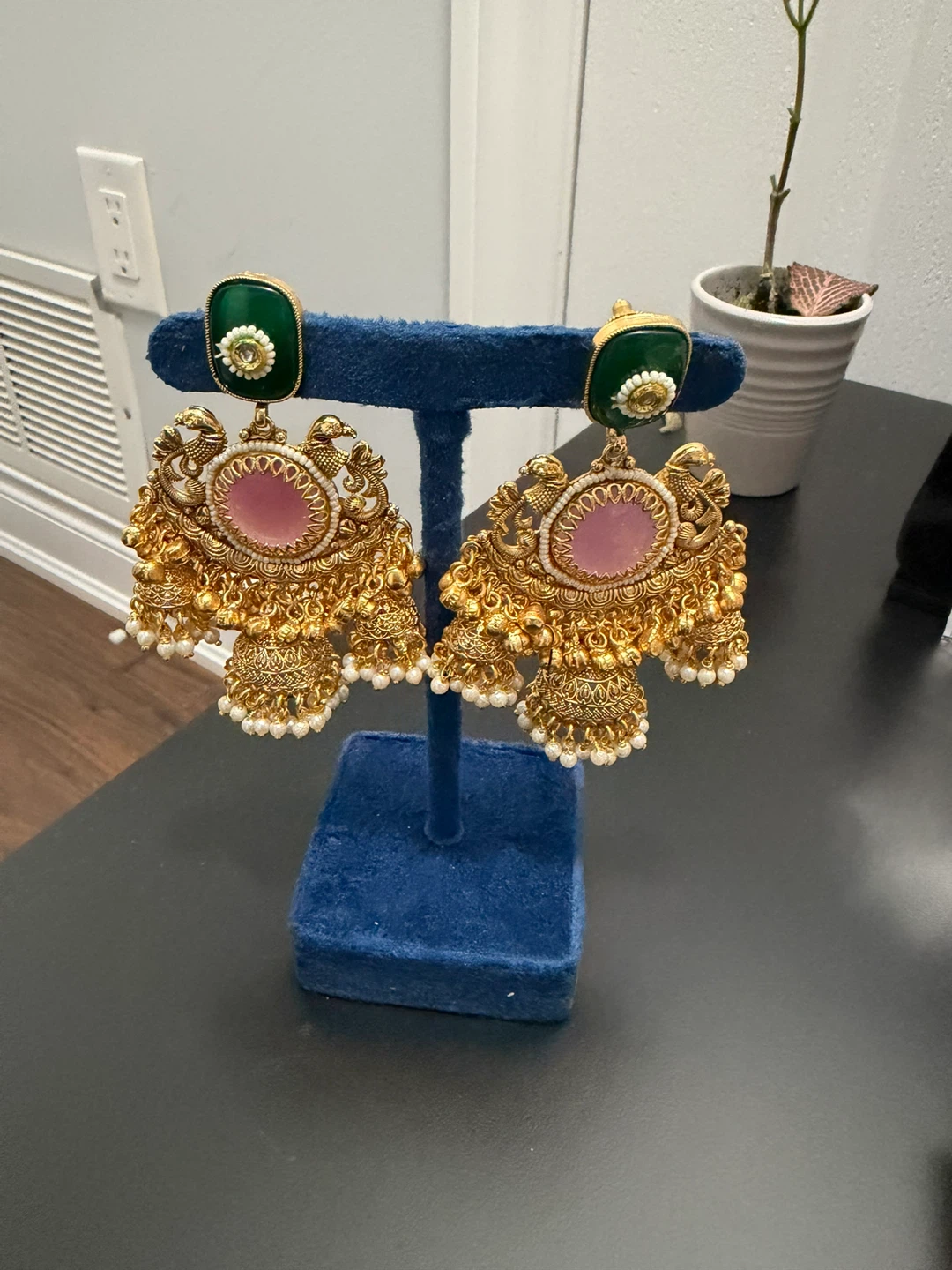 Gold Tone Dangle Earrings with Pink and Green Stones - photo 2