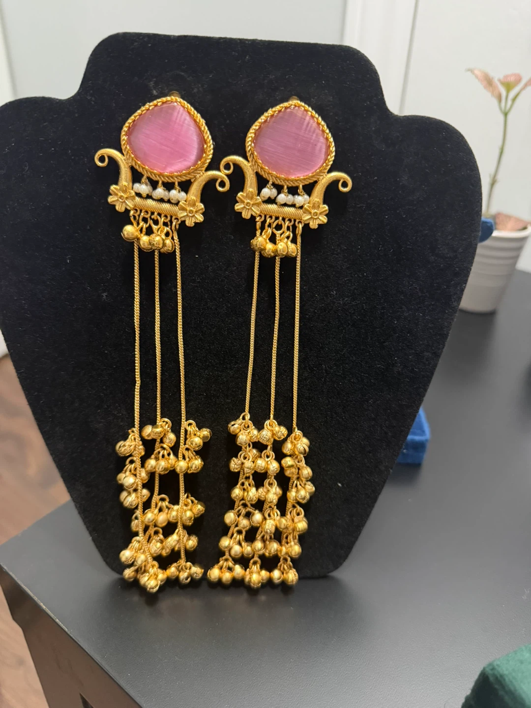 Gold Tone Dangle Earrings with Pink and Green Stones - photo 5
