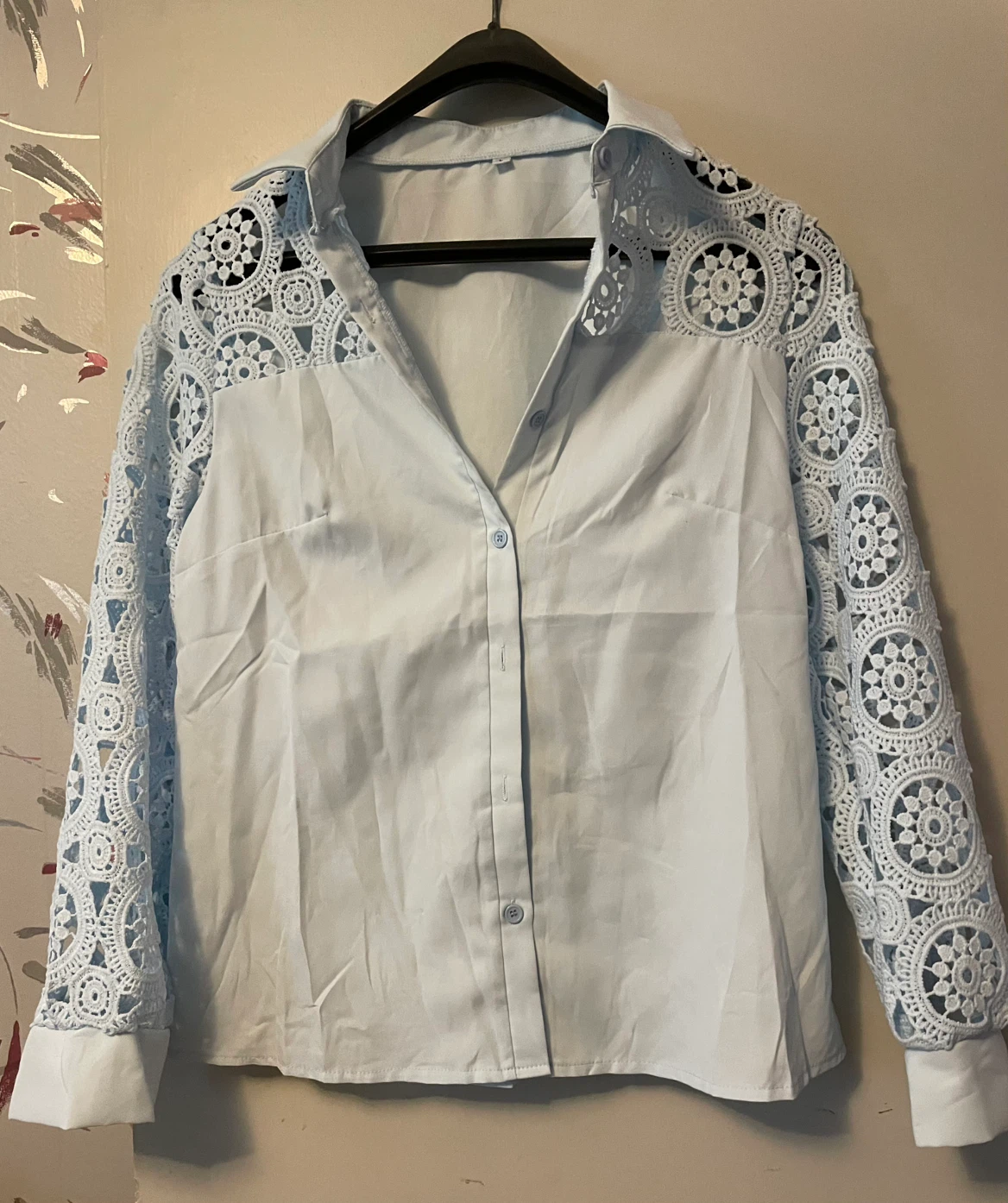 Light Blue Lace Sleeve Button-Up Shirt