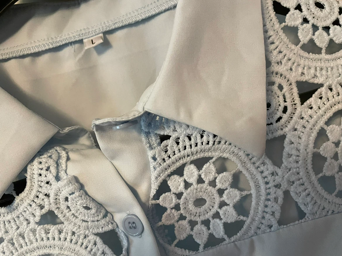 Light Blue Lace Sleeve Button-Up Shirt - photo 2