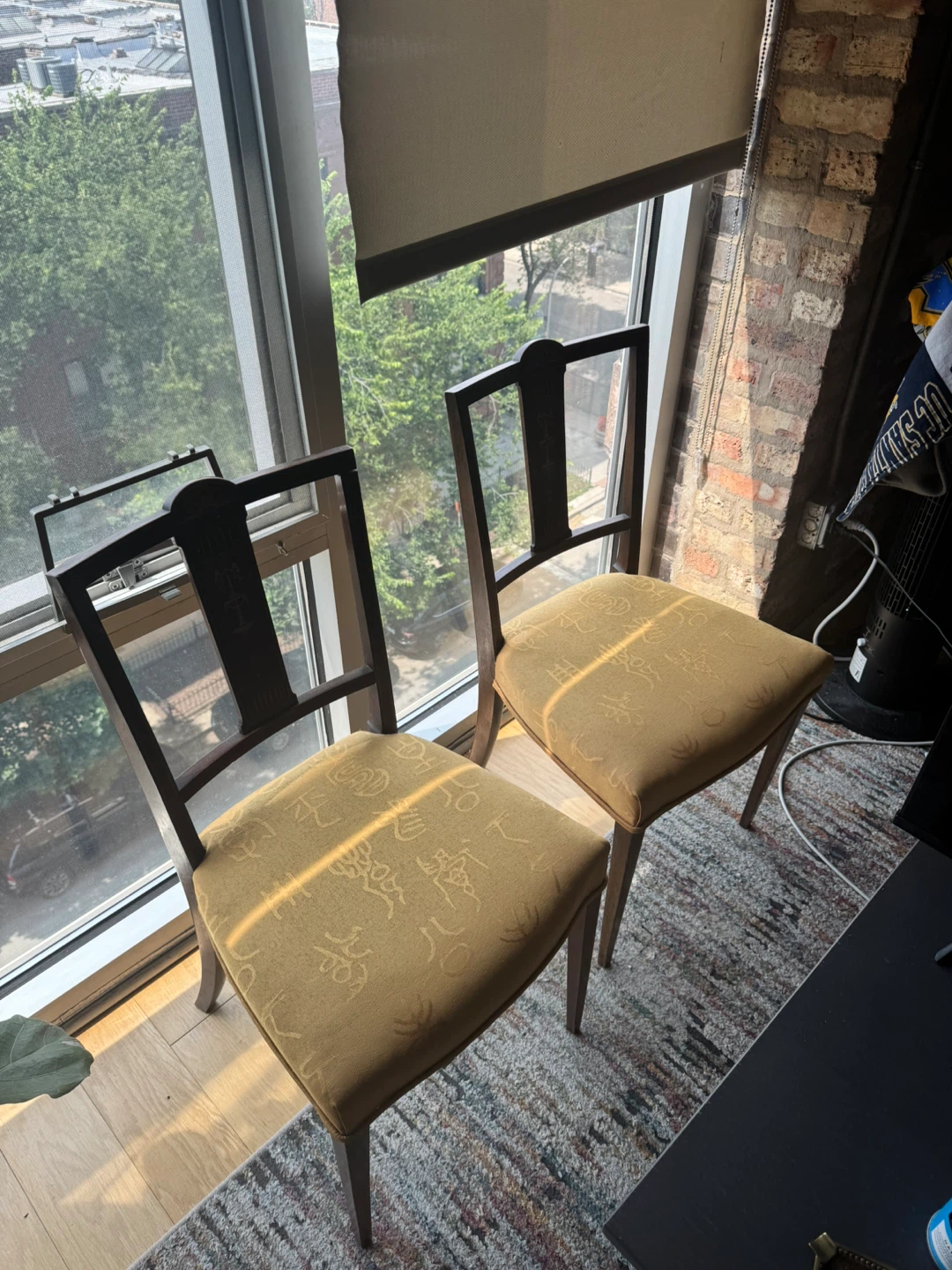 Upholstered antique wood chairs
