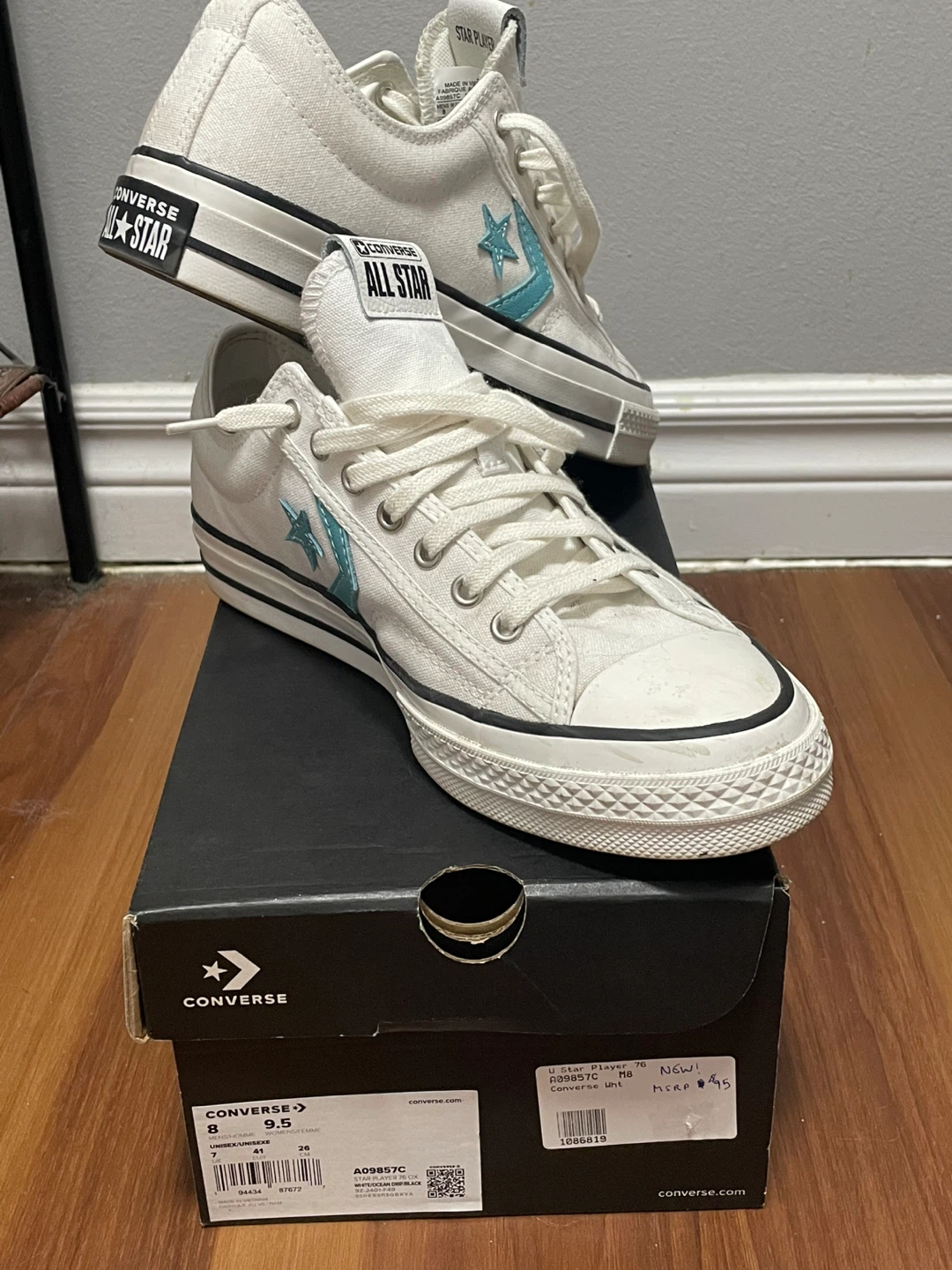 Converse Star Player White Teal Sneakers - Size 9.5