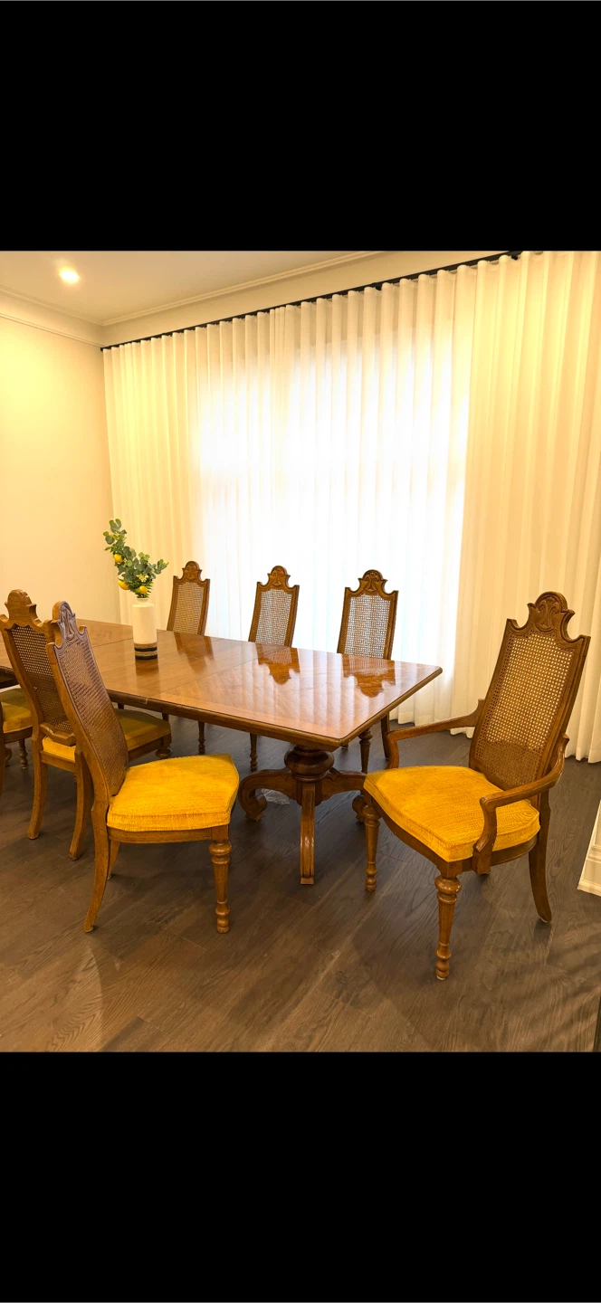 Beautiful vintage solid wood dinning set with 8 can-back chairs