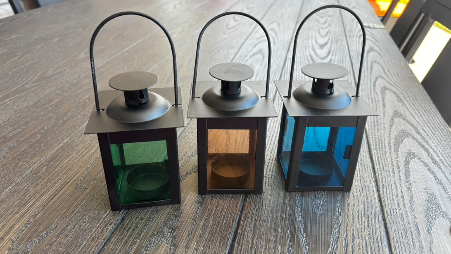 3 Black metal lantern with coloured glass for tea lights