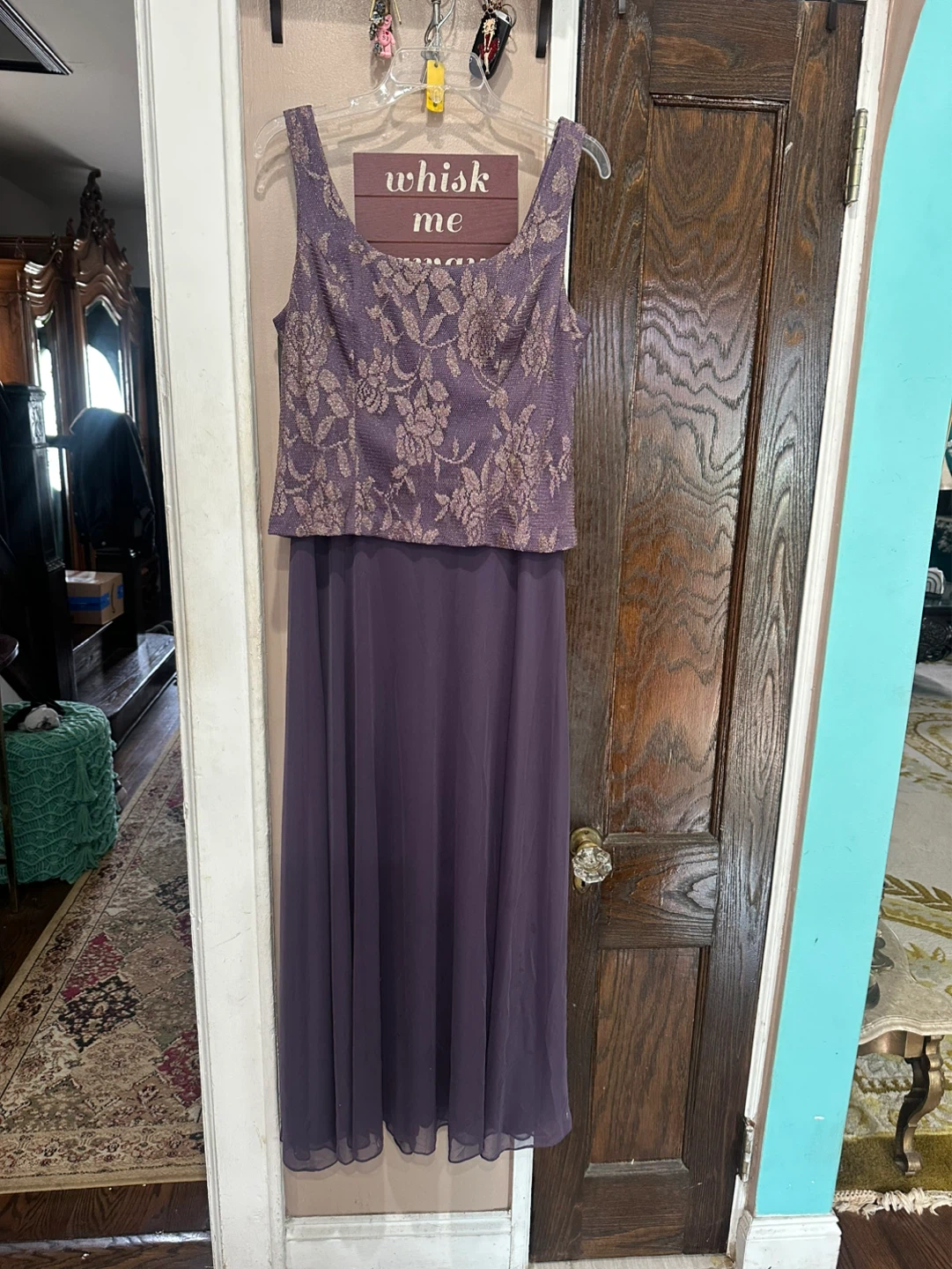 Patra Purple Lace & Chiffon Maxi Dress with Gold Floral Pattern