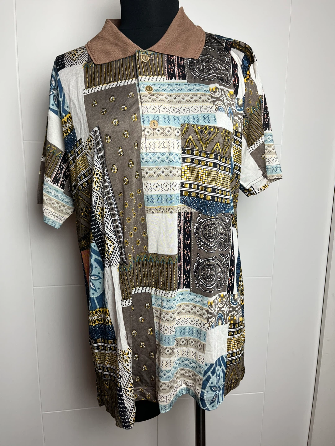 Misai 100% Silk Patchwork Button-Up Shirt XL