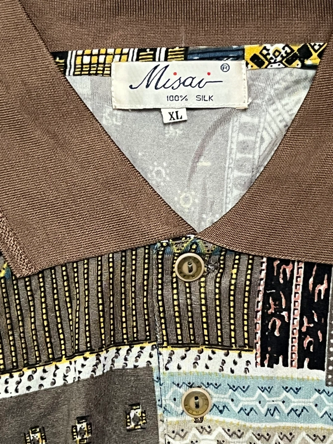 Misai 100% Silk Patchwork Button-Up Shirt XL - photo 3