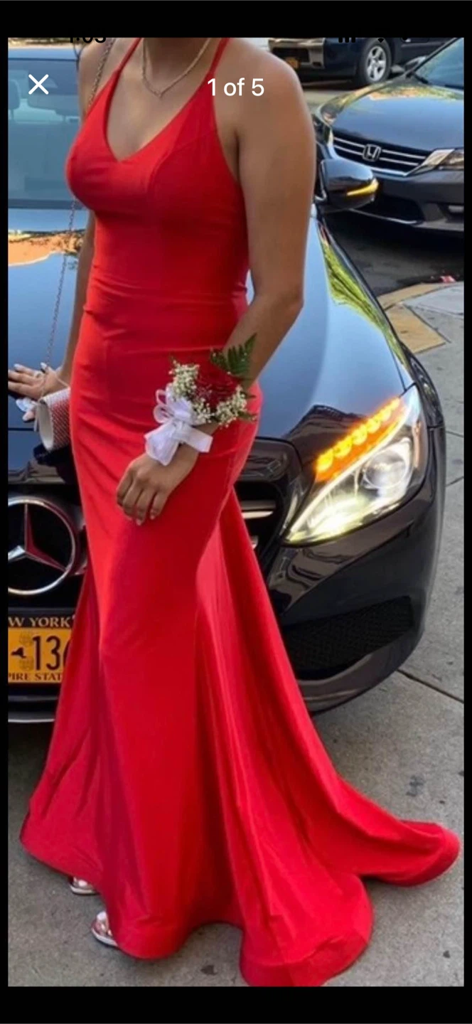 Red Ruched Evening Gown
