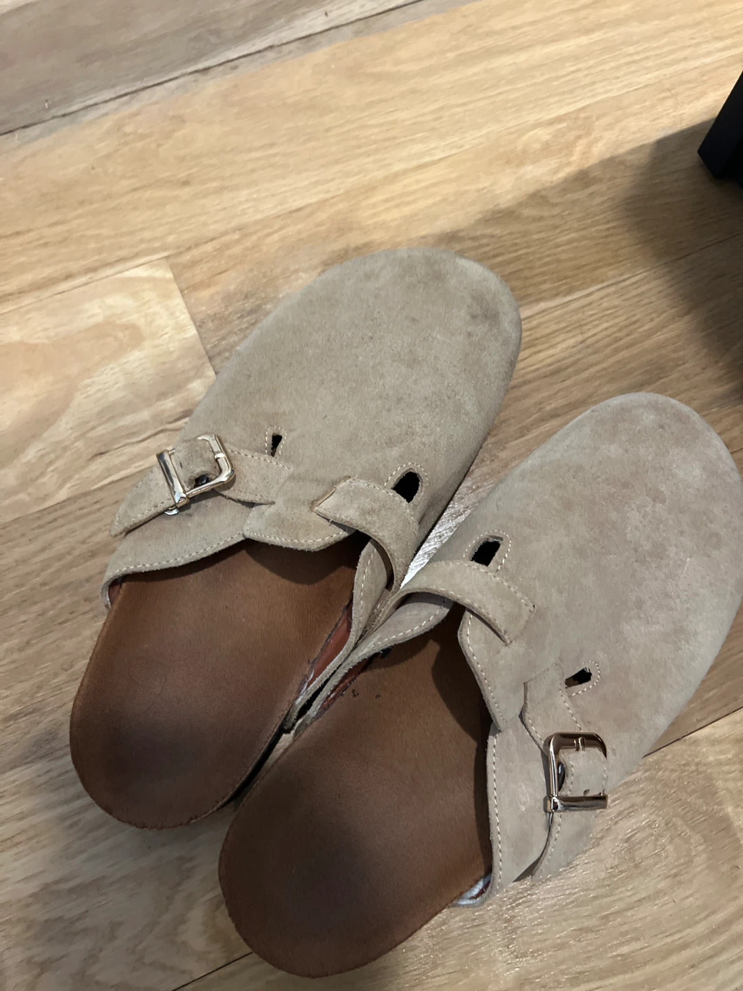 Beige Suede Clogs with Buckle