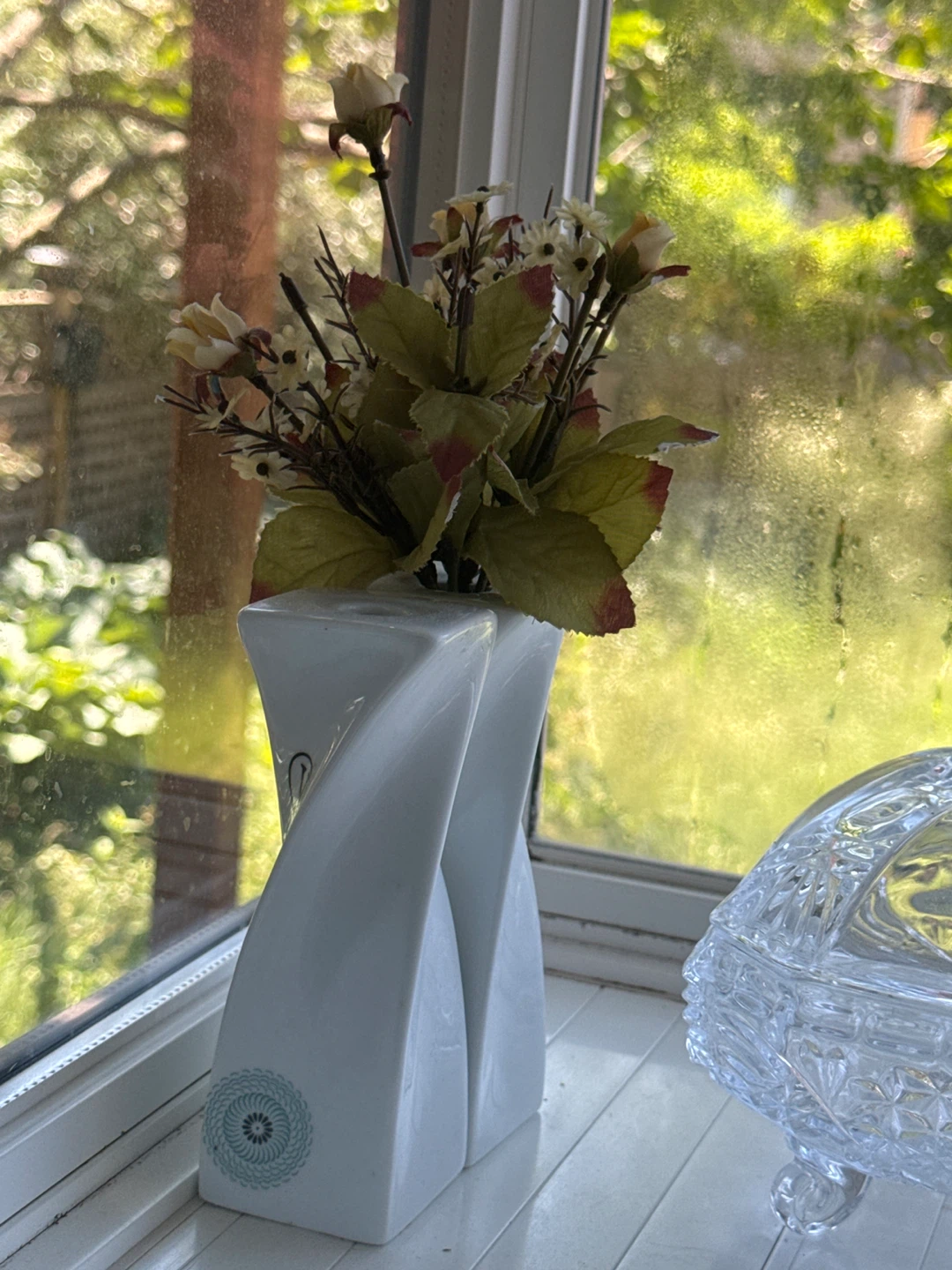 Twisted White Ceramic Vase with Faux Flowers