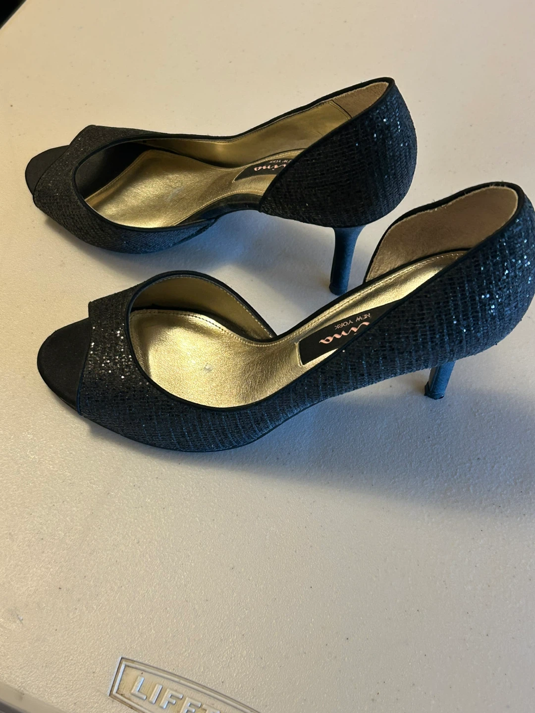 Nina Black Sparkly Peep-Toe Heels