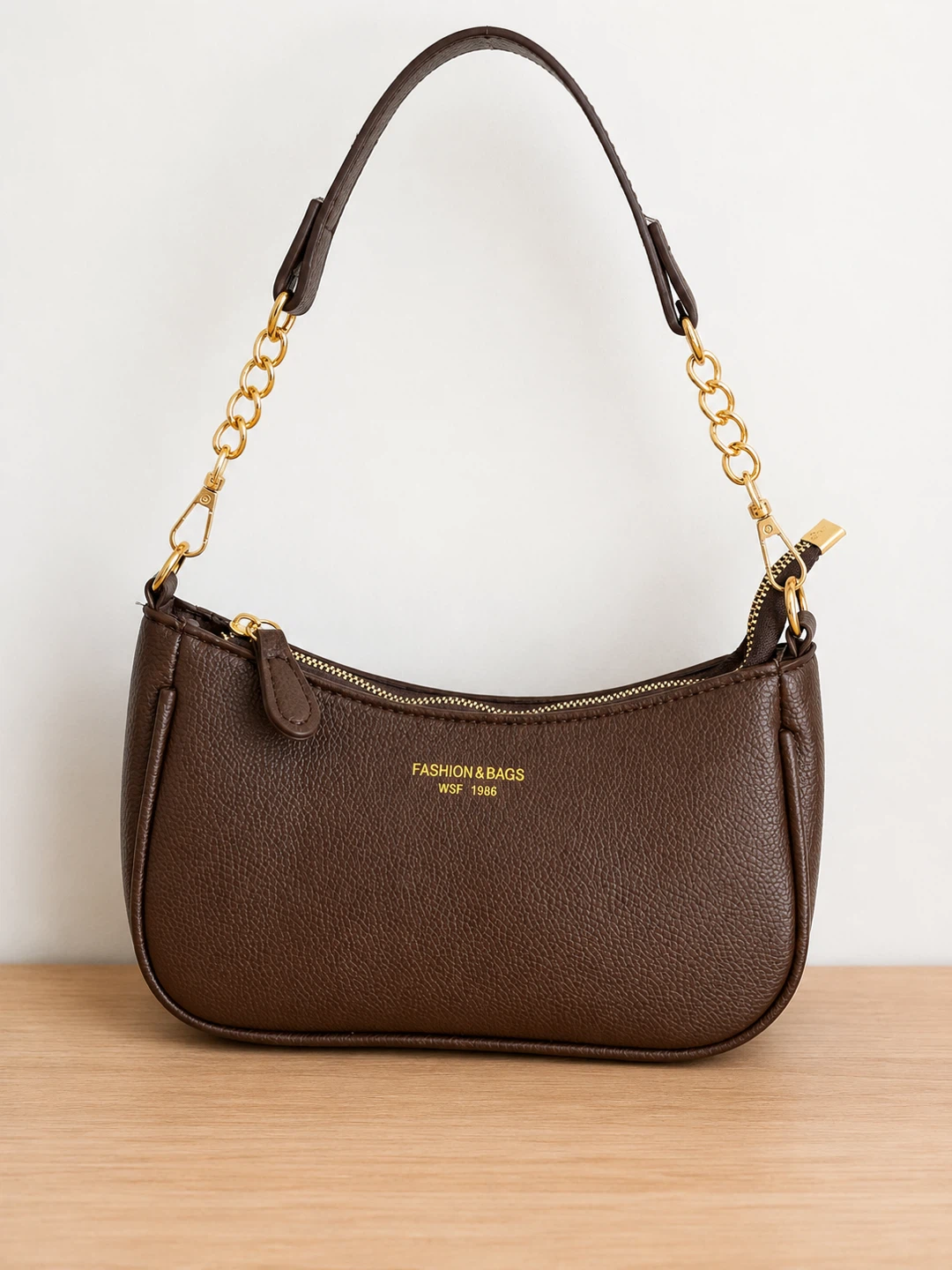 Brown Shoulder Bag with Gold Chain